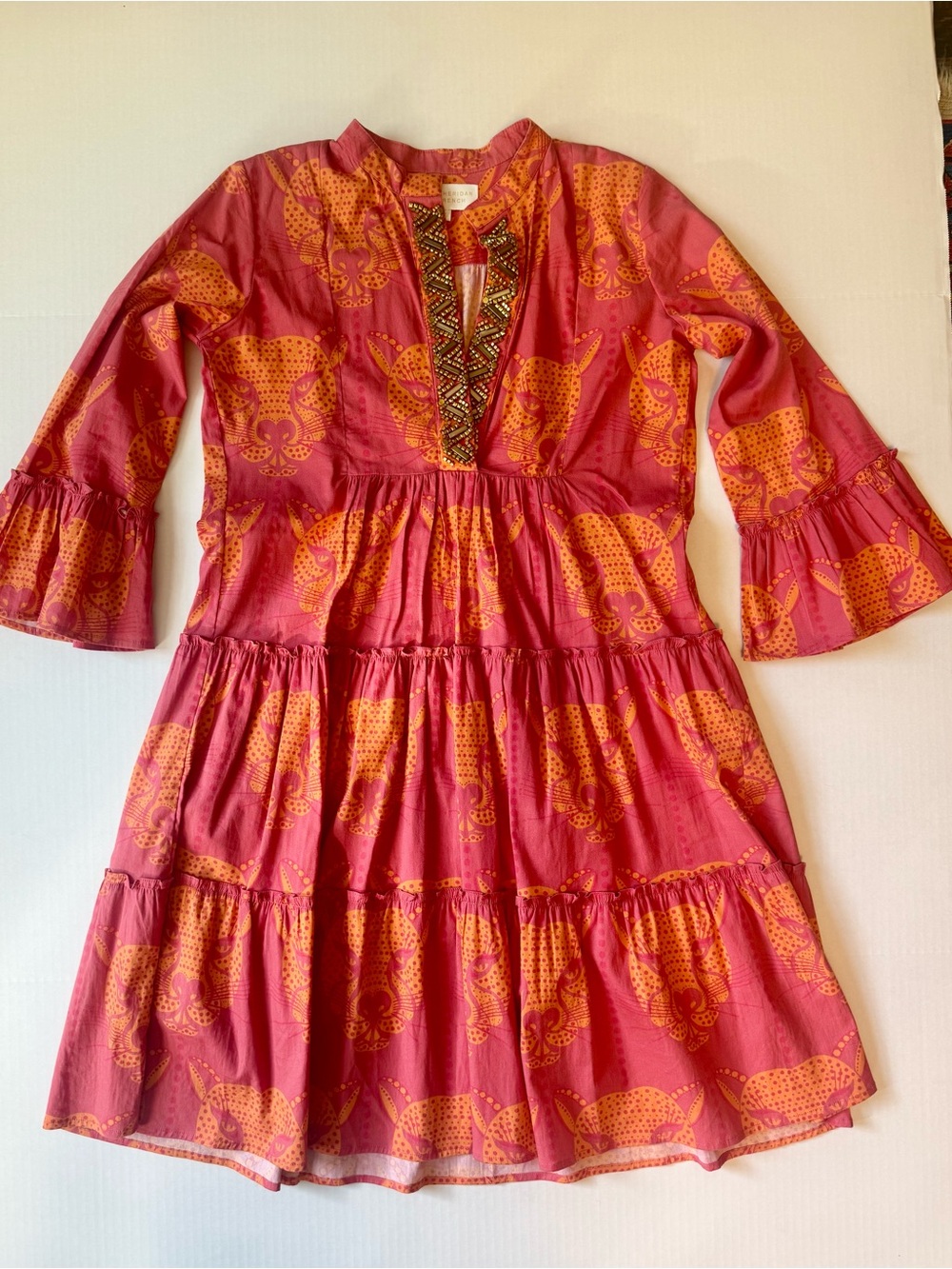 Tiered Cotton Dress with Beaded V-Neck